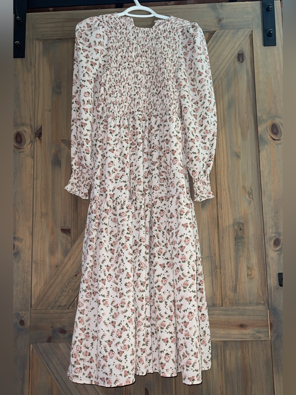 Smocked Floral Long Sleeve Midi Dress - White with Pink Floral